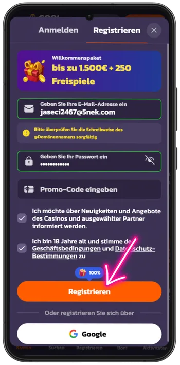 Coolzino complete registration confirm button