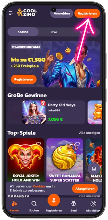 Coolzino registration button top right corner